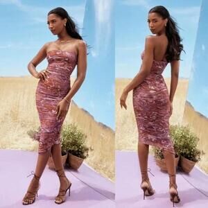 House of CB | Sasha Purple Swirl Strapless Bodycon Mesh Midi Dress XS